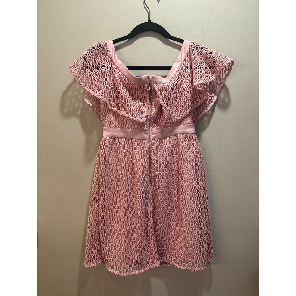 NWT Bardot Pink Lace Off The Shoulder Ruffle Sleeve Fit Flare Dress Size 6 Small - Picture 3 of 10